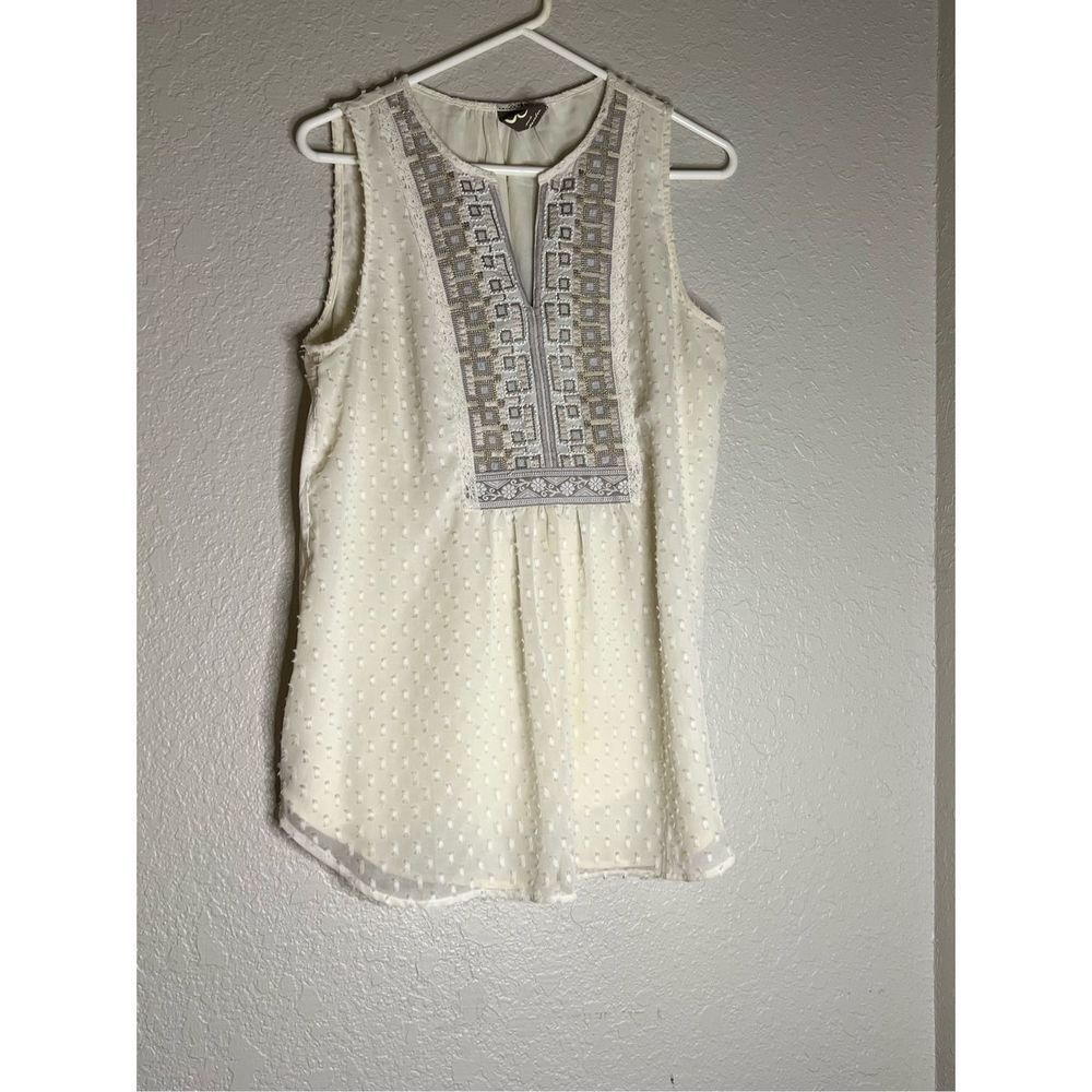 Anthropologie One September Women's Ivory‎ Beaded Embroidered Top Size M